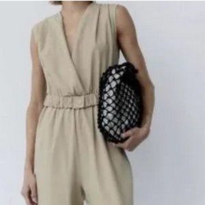 Zara Light Khaki Cotton Linen Blend Belted Seersucker Jumpsuit Size Large NWOT